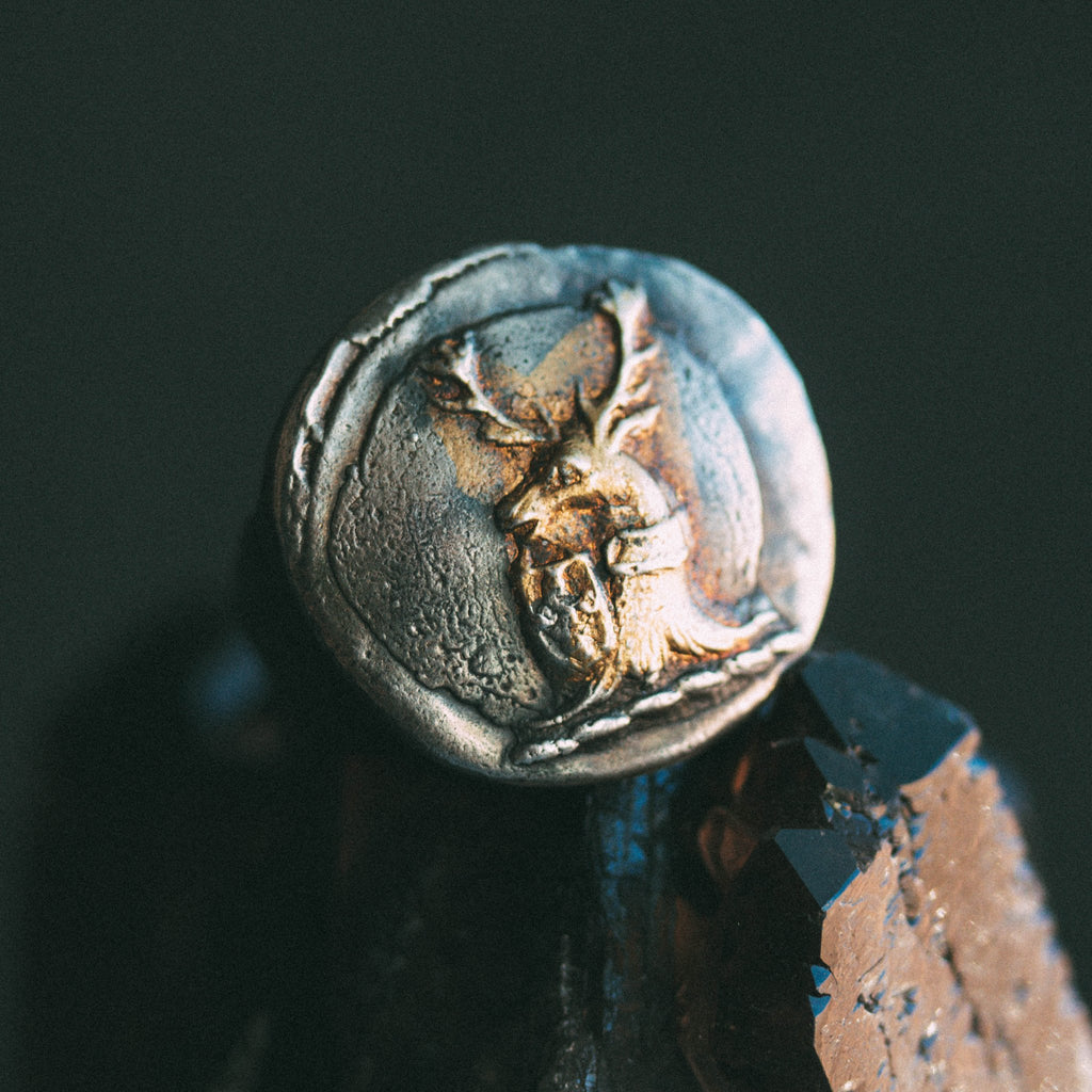Illuminated Stag and Shield Signet Ring Round - Machinations