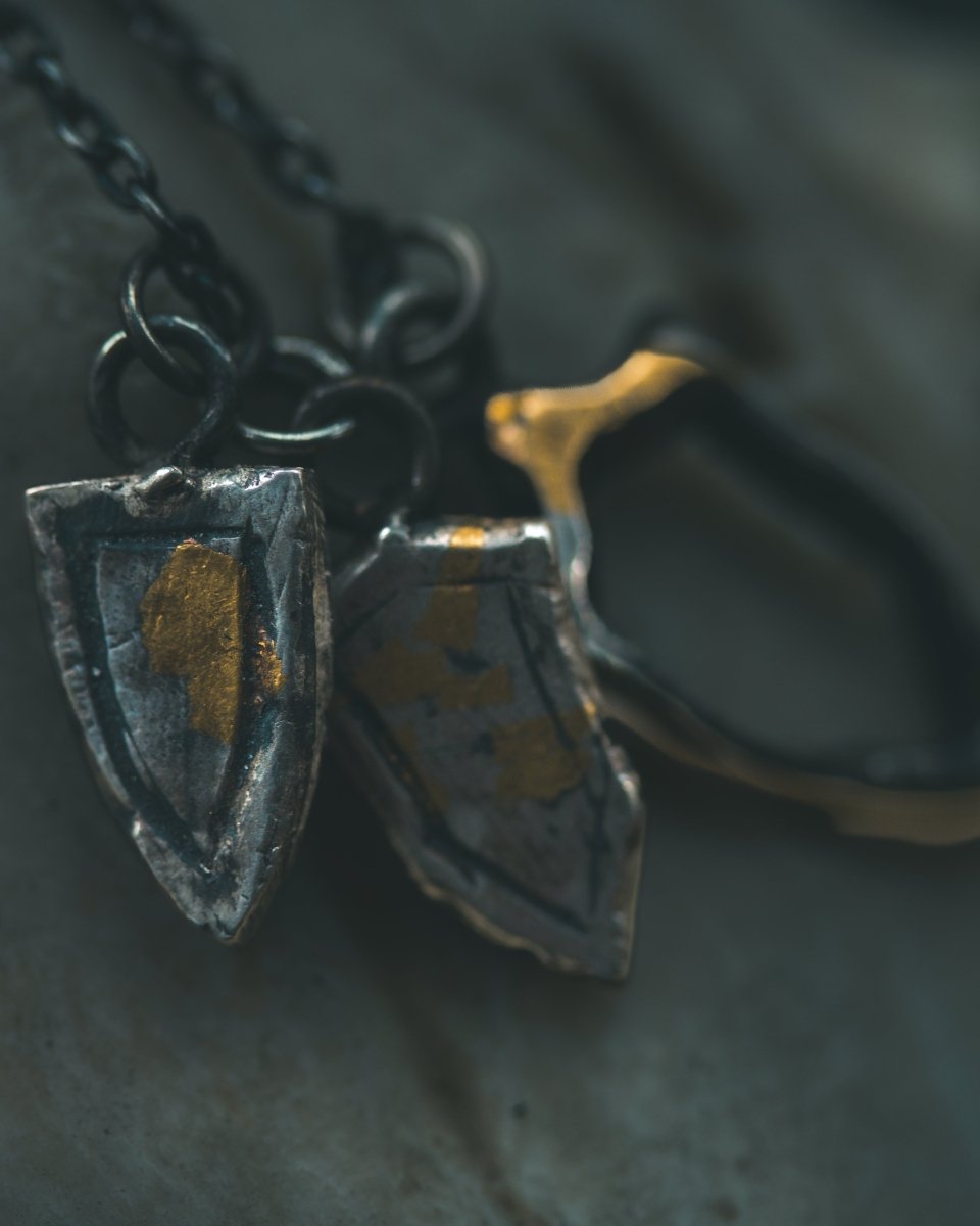 Knights Collection - Heraldic Emblem Shield Charm | Sterling Silver & 23.5K Gold | Noble Coat of Arms Pendant - Machinations