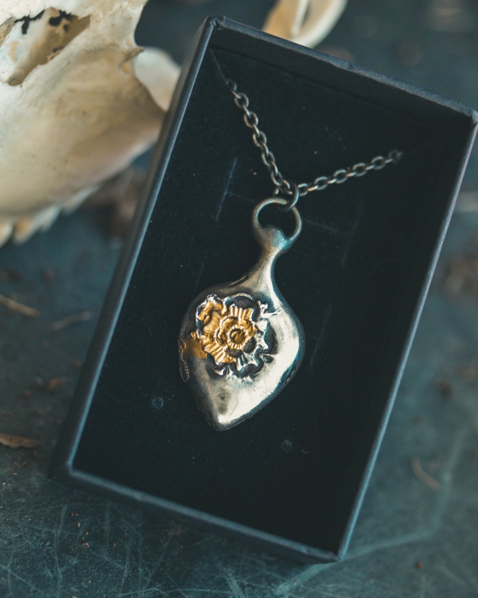 Limited Edition Rose of Death Tarot Amulet: Handcrafted in Sterling Silver with 23.5K Gold Accents - Machinations