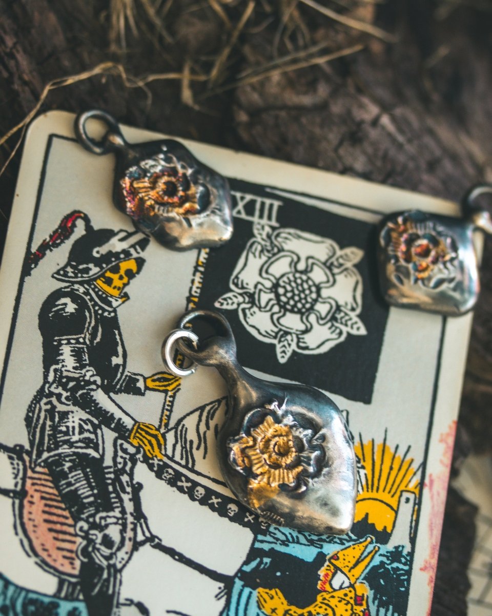 Limited Edition Rose of Death Tarot Amulet: Handcrafted in Sterling Silver with 23.5K Gold Accents - Machinations