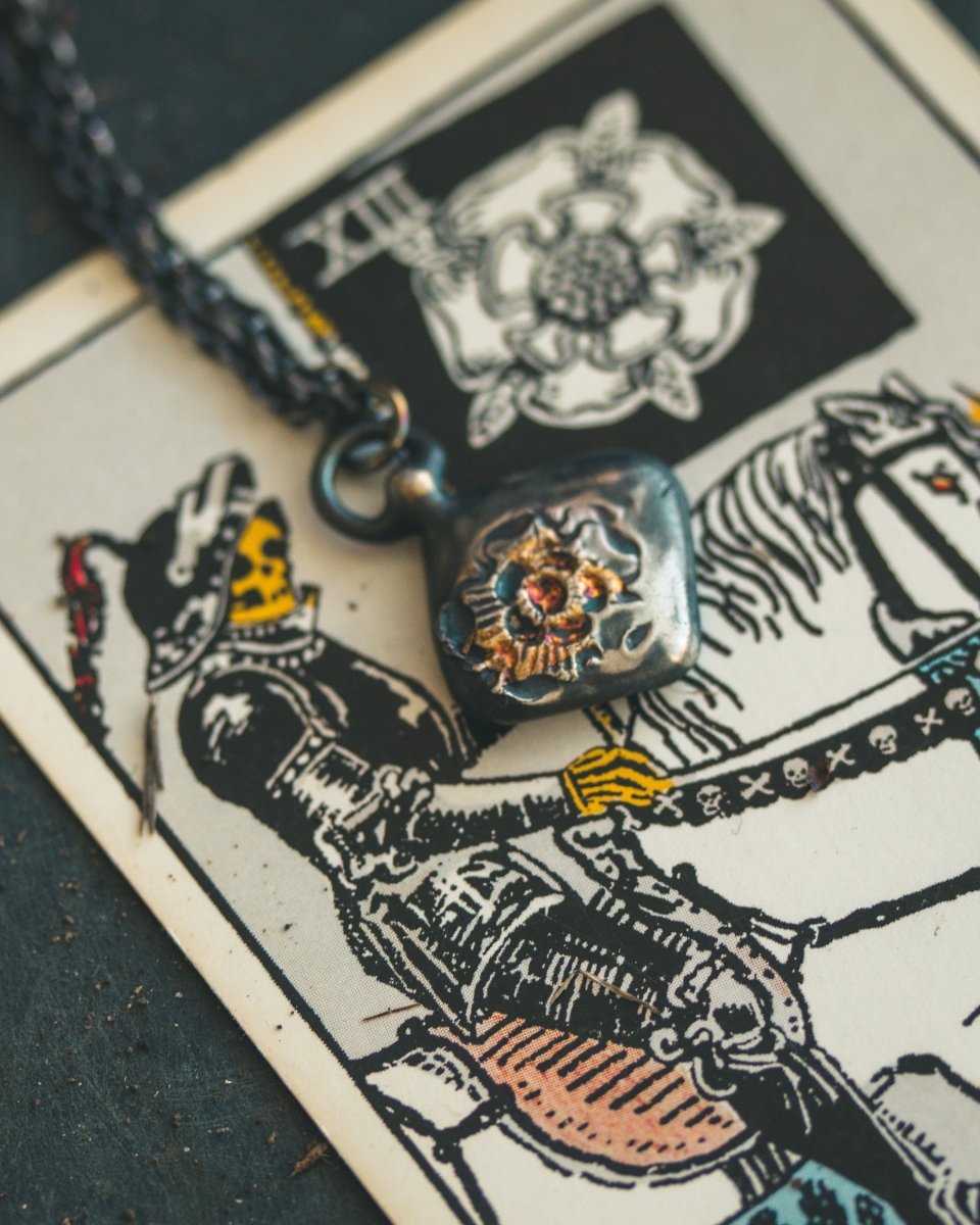 Limited Edition Rose of Death Tarot Amulet: Handcrafted in Sterling Silver with 23.5K Gold Accents - Machinations