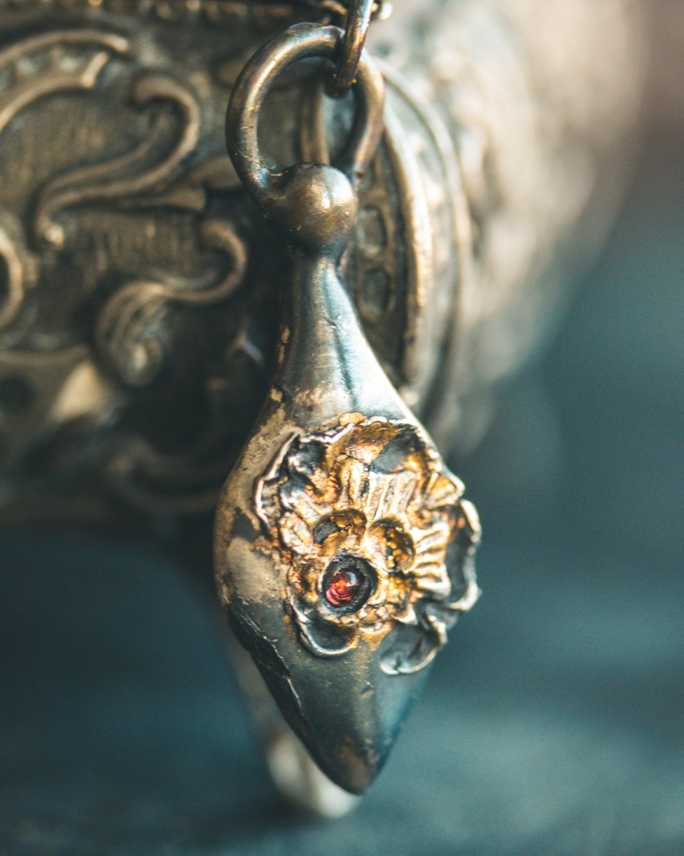 Limited Edition Rose of Death Tarot Amulet | Sterling Silver with 23.5K Gold & Almandine Garnet - Machinations