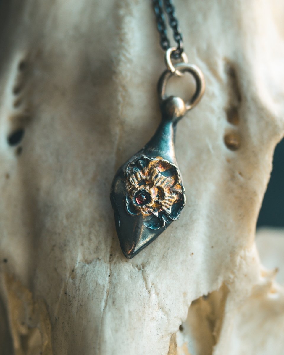 Limited Edition Rose of Death Tarot Amulet | Sterling Silver with 23.5K Gold & Almandine Garnet - Machinations