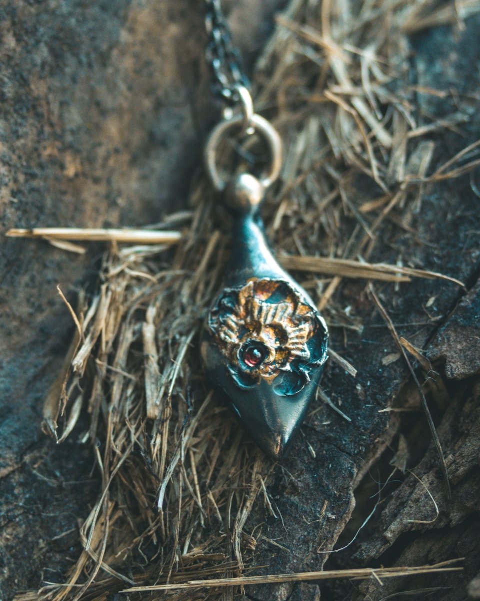 Limited Edition Rose of Death Tarot Amulet | Sterling Silver with 23.5K Gold & Almandine Garnet - Machinations