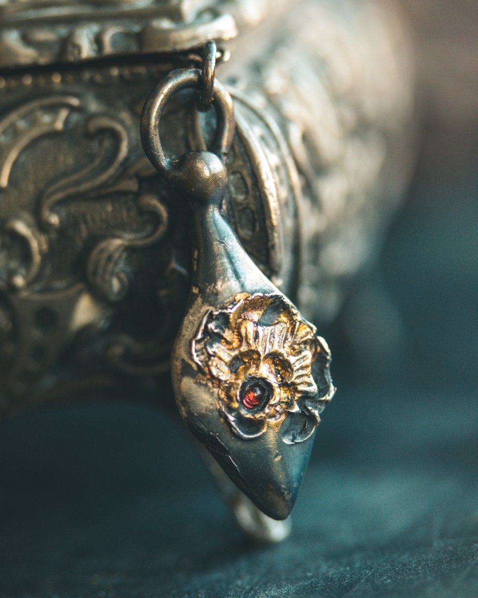 Limited Edition Rose of Death Tarot Amulet | Sterling Silver with 23.5K Gold & Almandine Garnet - Machinations