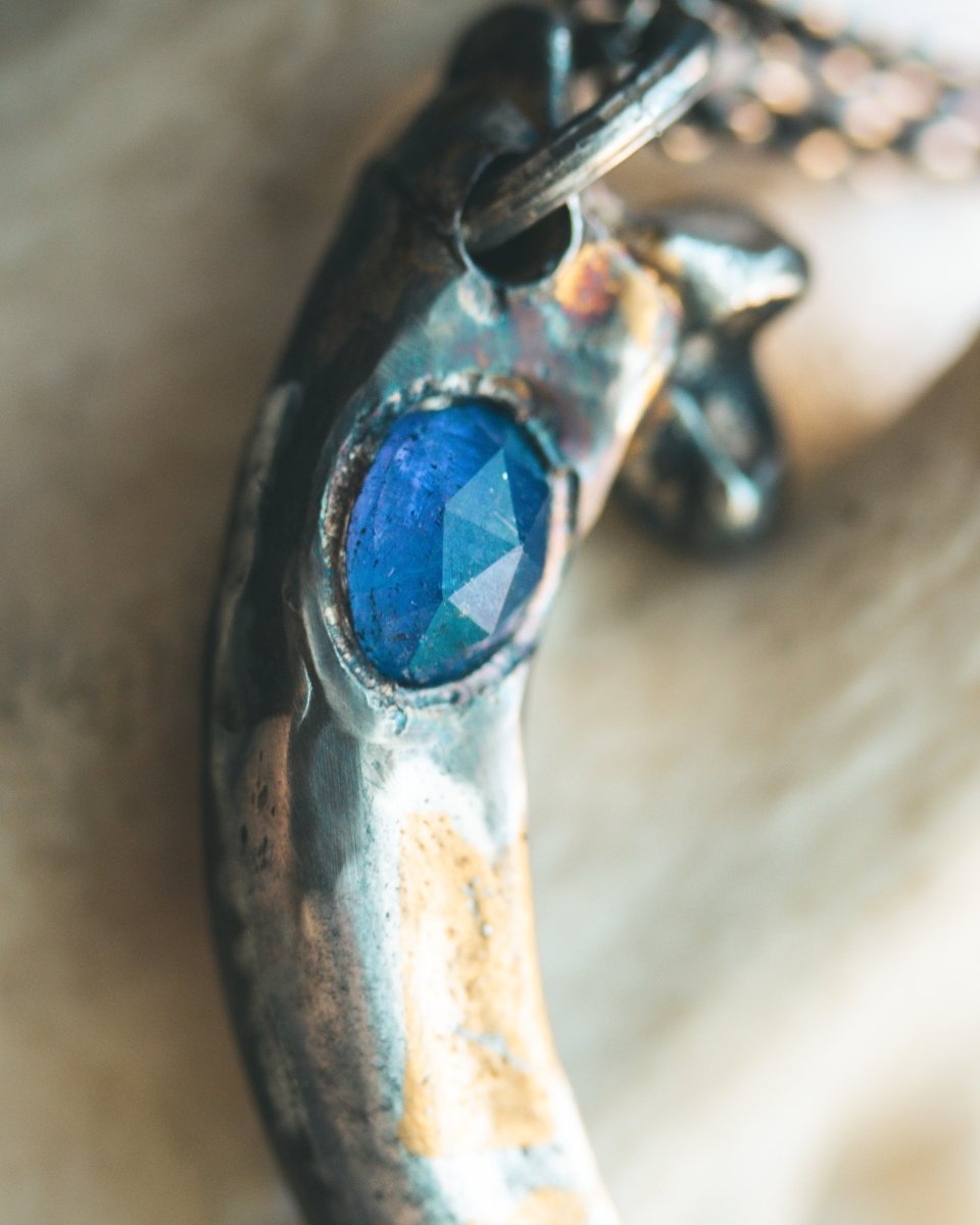 Majestic Golden Eagle Pendant with Pear - Shaped Rose Cut Tanzanite Sterling Silver and 23.5K Gold Accent - Machinations