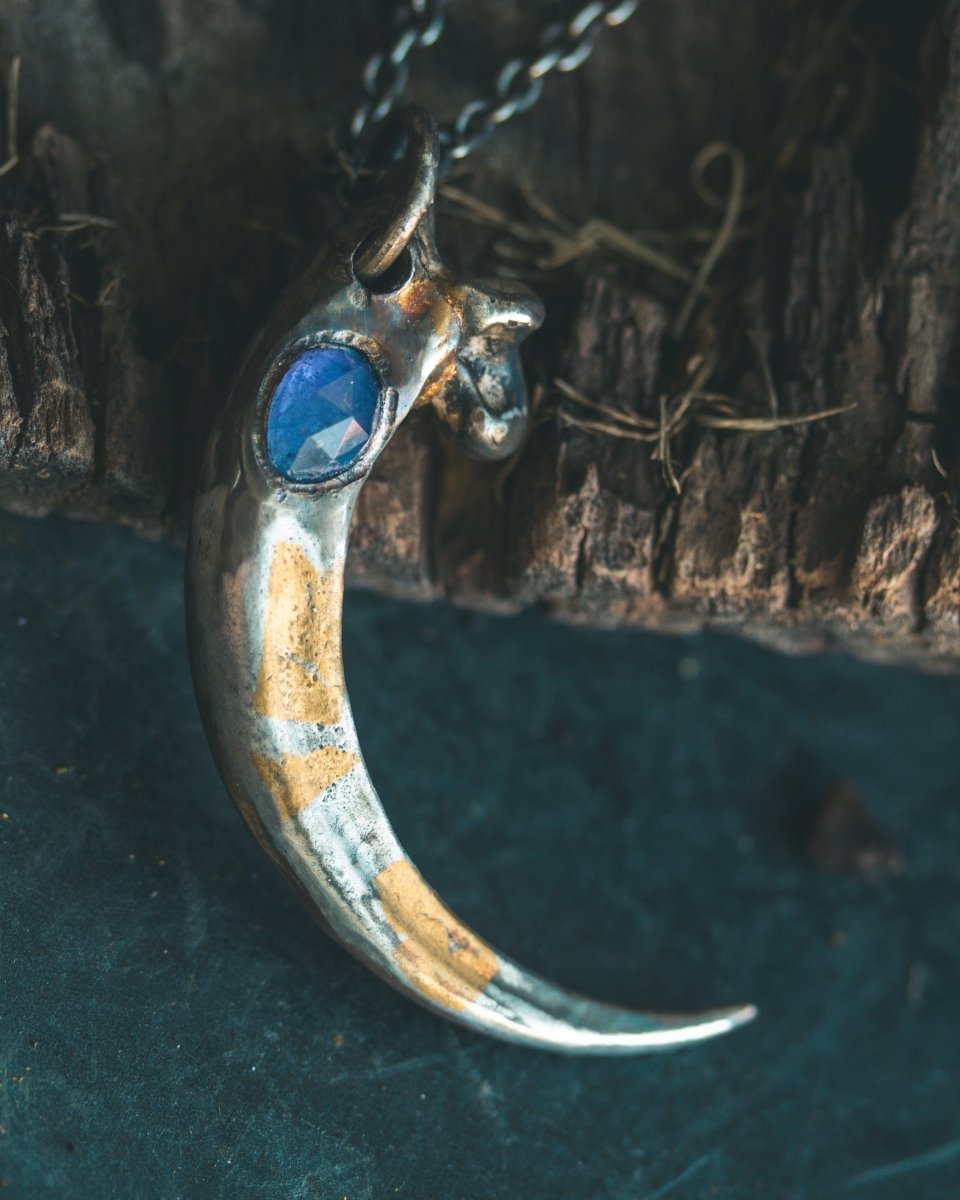 Majestic Golden Eagle Pendant with Pear - Shaped Rose Cut Tanzanite Sterling Silver and 23.5K Gold Accent - Machinations