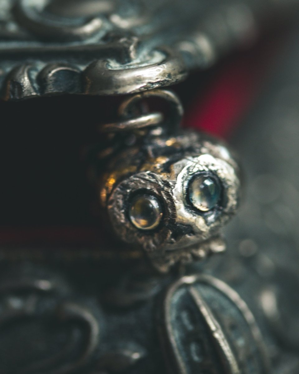 Memento Mori Skull Charm | Cabochon Rainbow Moonstone | Recycled Sterling Silver | 23.5K Gold | Occult Talisman - Machinations