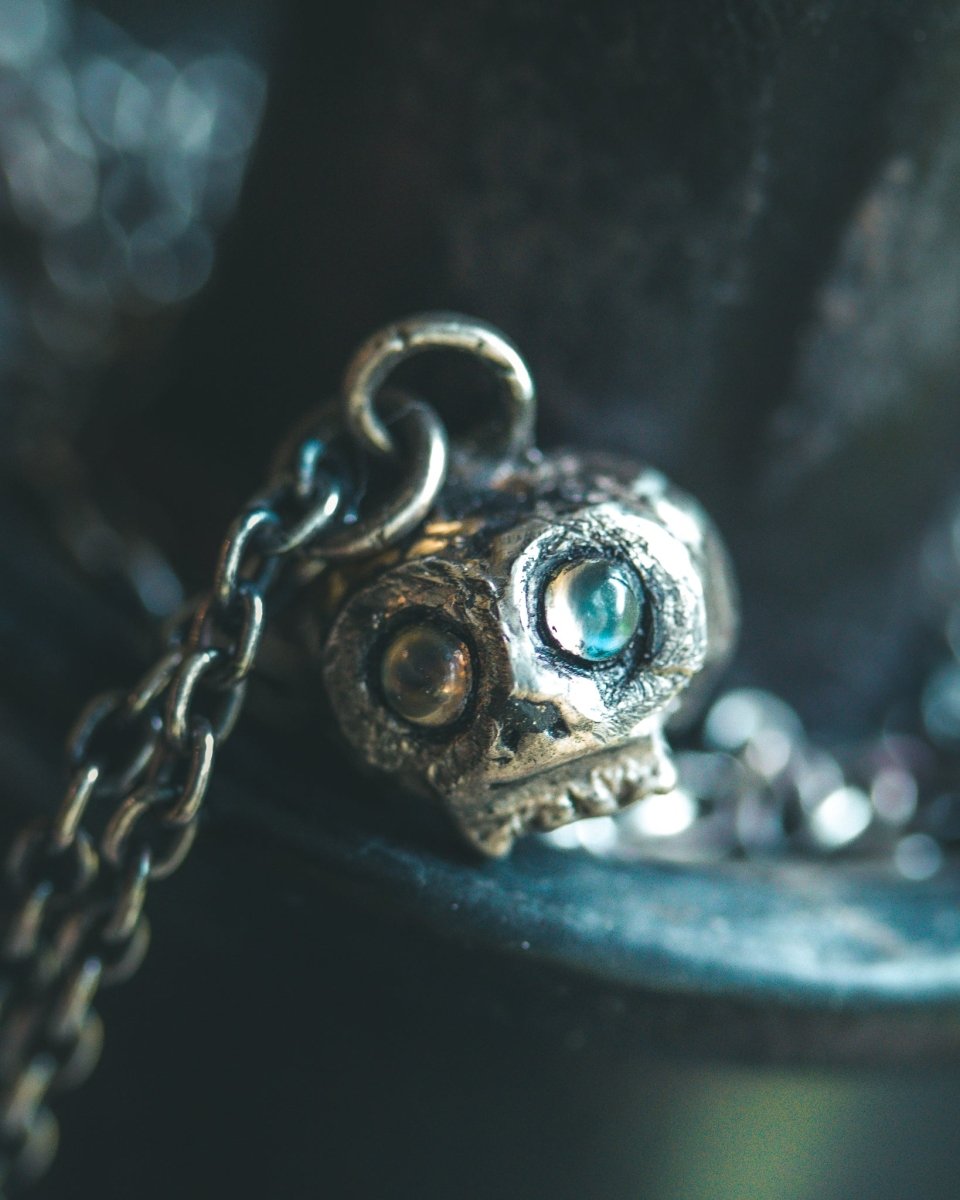 Memento Mori Skull Charm | Cabochon Rainbow Moonstone | Recycled Sterling Silver | 23.5K Gold | Occult Talisman - Machinations