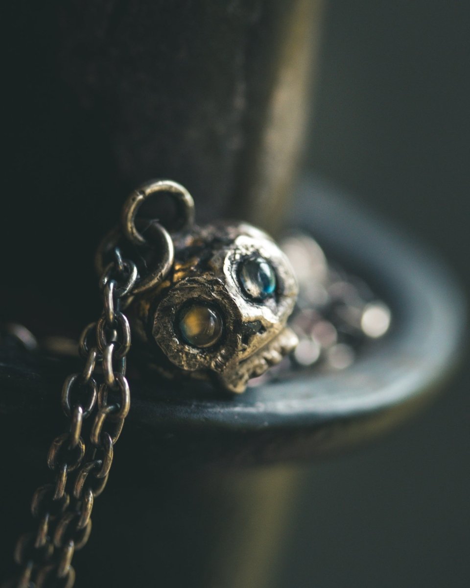 Memento Mori Skull Charm | Cabochon Rainbow Moonstone | Recycled Sterling Silver | 23.5K Gold | Occult Talisman - Machinations