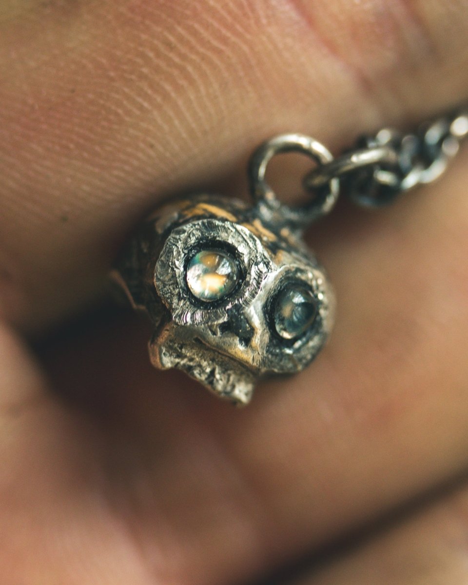 Memento Mori Skull Charm | Cabochon Rainbow Moonstone | Recycled Sterling Silver | 23.5K Gold | Occult Talisman - Machinations