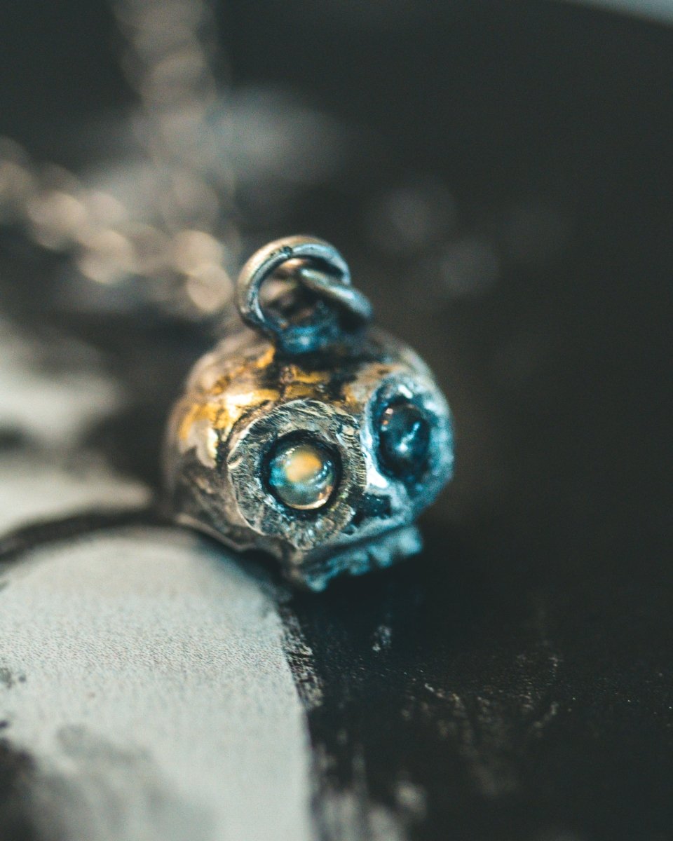 Memento Mori Skull Charm | Cabochon Rainbow Moonstone | Recycled Sterling Silver | 23.5K Gold | Occult Talisman - Machinations
