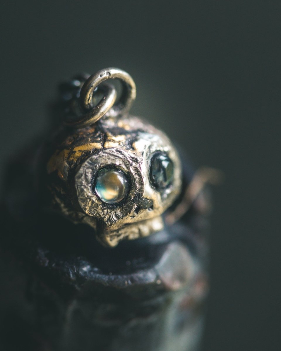 Memento Mori Skull Charm | Cabochon Rainbow Moonstone | Recycled Sterling Silver | 23.5K Gold | Occult Talisman - Machinations