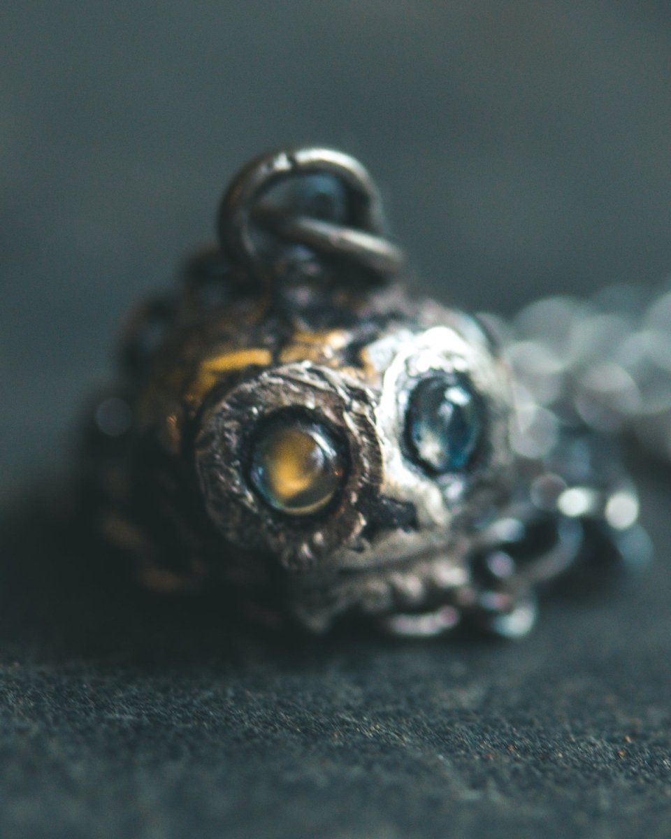 Memento Mori Skull Charm | Cabochon Rainbow Moonstone | Recycled Sterling Silver | 23.5K Gold | Occult Talisman - Machinations