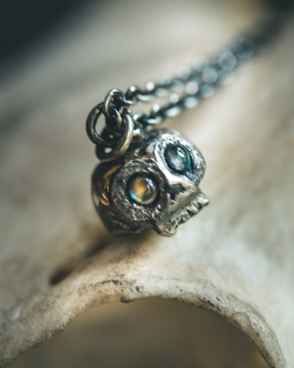 Memento Mori Skull Charm | Cabochon Rainbow Moonstone | Recycled Sterling Silver | 23.5K Gold | Occult Talisman - Machinations