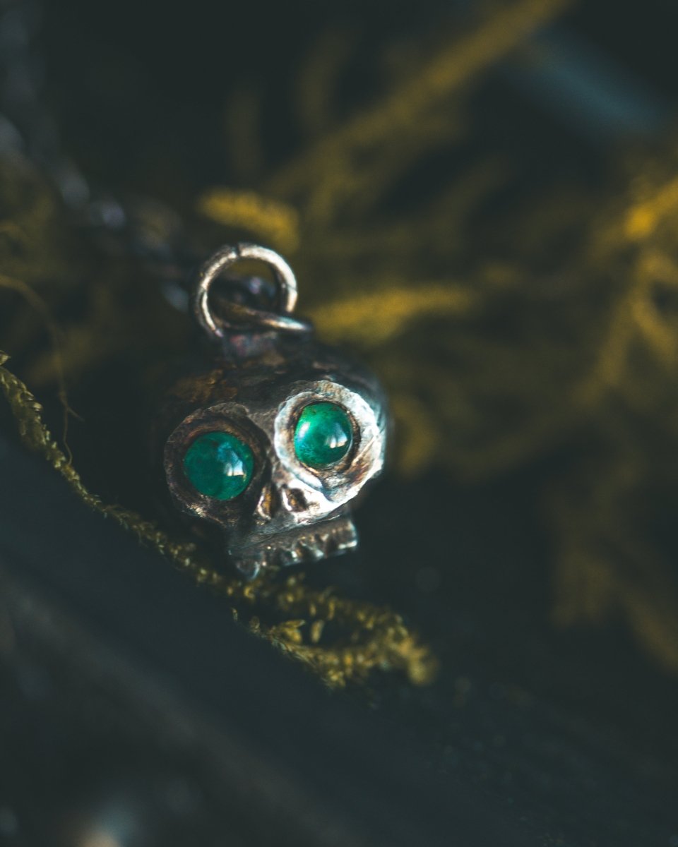 Memento Mori Skull Charm with Emerald Eyes – Sterling Silver & 23.5K Gold | Talisman of Life, Death, and Eternal Wisdom - Machinations