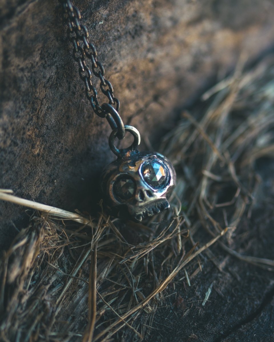 Memento Mori Skull Charm with Salt and Pepper Rose - Cut Diamond Eyes: A Reflection of Life’s Duality - Machinations