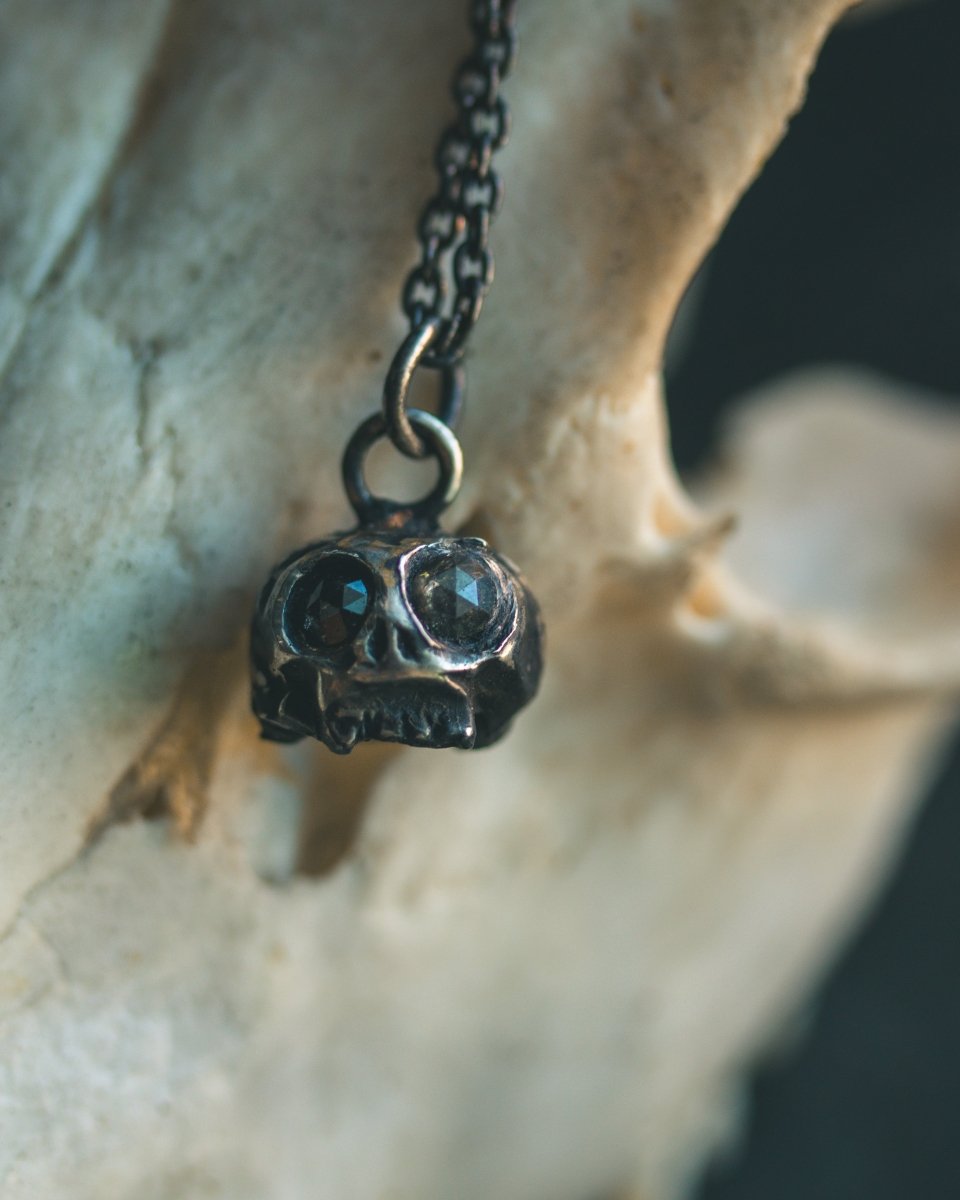 Memento Mori Skull Charm with Salt and Pepper Rose - Cut Diamond Eyes: A Reflection of Life’s Duality - Machinations
