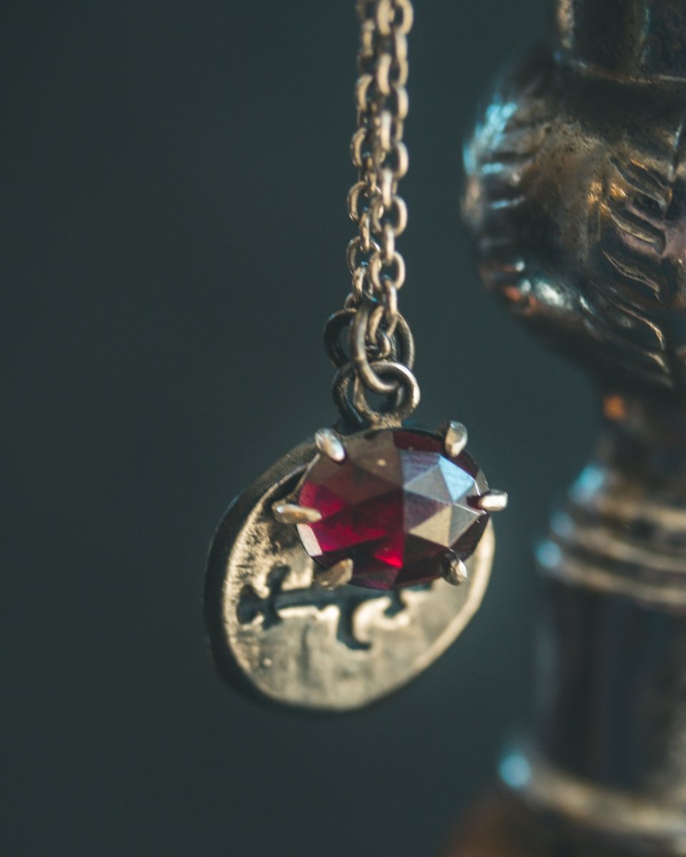 Meteoromance Garnet Pendant | Blackened Silver & Earth's Blood Fire | Talisman of Primal Power and Warrior Strength - Machinations