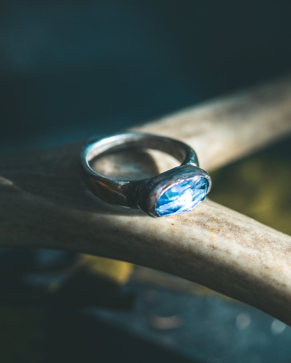 Mixed Metals Stirrup Ring with Rose-Cut Iolite Limited Edition Sterling Silver and 23.5K Gold Accent - Machinations