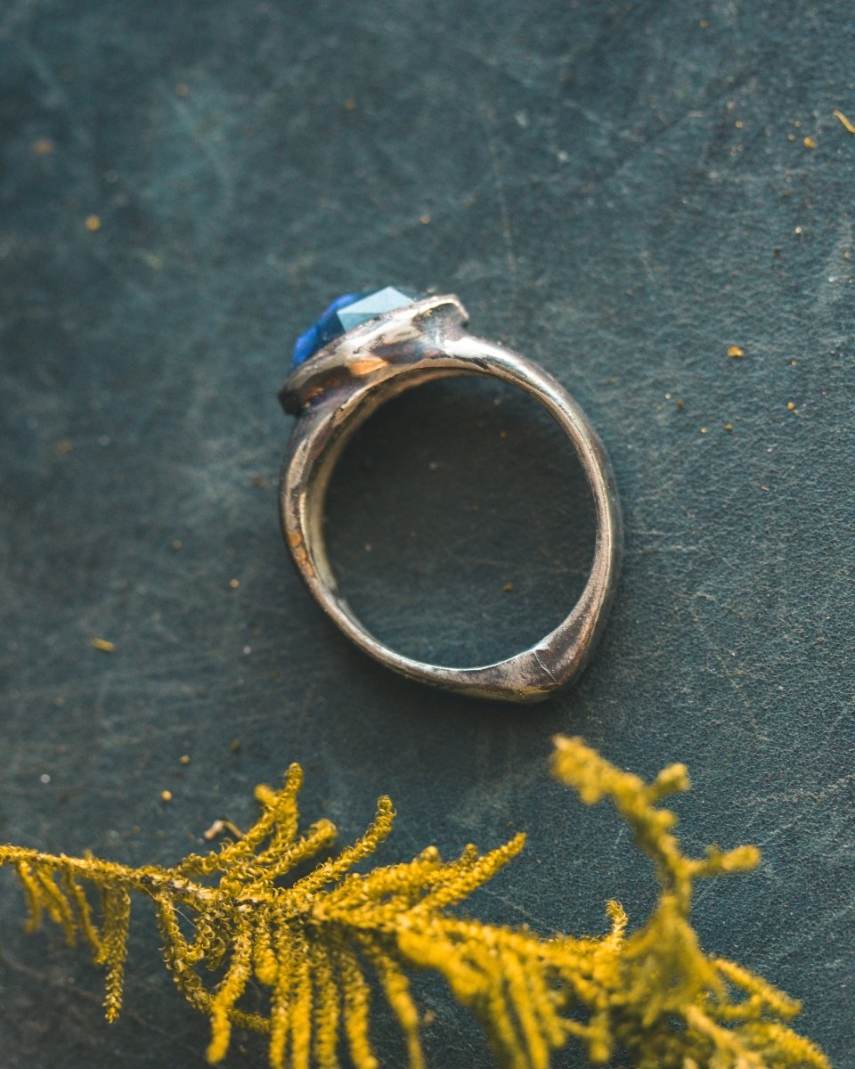 Mixed Metals Stirrup Ring with Rose - Cut Iolite Limited Edition Sterling Silver and 23.5K Gold Accent - Machinations