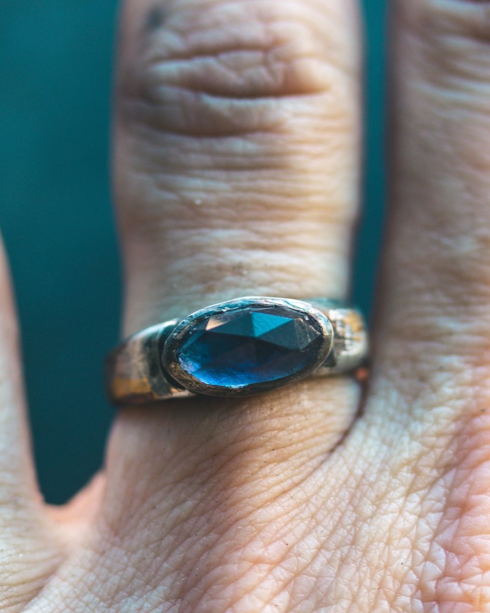 Mixed Metals Stirrup Ring with Rose - Cut Iolite Limited Edition Sterling Silver and 23.5K Gold Accent - Machinations