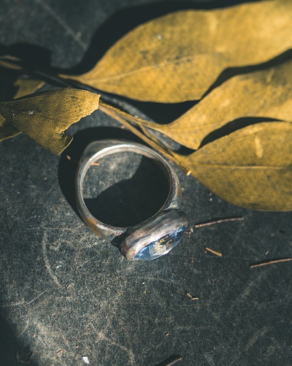 Mixed Metals Stirrup Ring with Rose-Cut Iolite Limited Edition Sterling Silver and 23.5K Gold Accent - Machinations