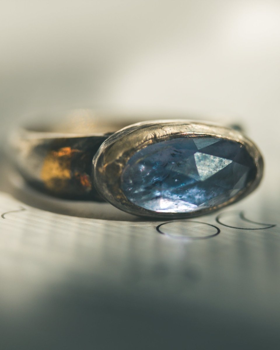 Mixed Metals Stirrup Ring with Rose-Cut Iolite Limited Edition Sterling Silver and 23.5K Gold Accent - Machinations