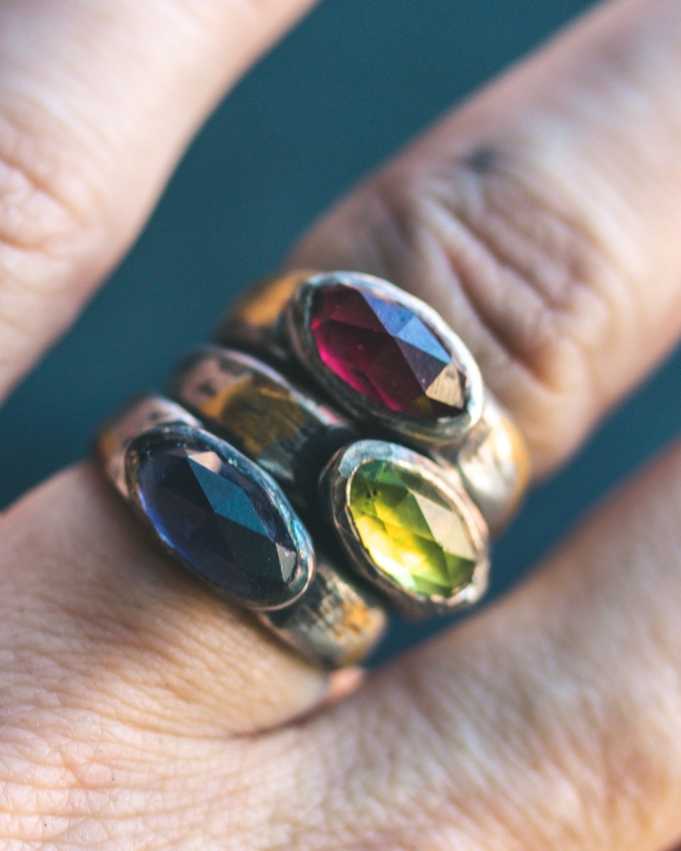 Mixed Metals Stirrup Ring with Rose - Cut Iolite Limited Edition Sterling Silver and 23.5K Gold Accent - Machinations