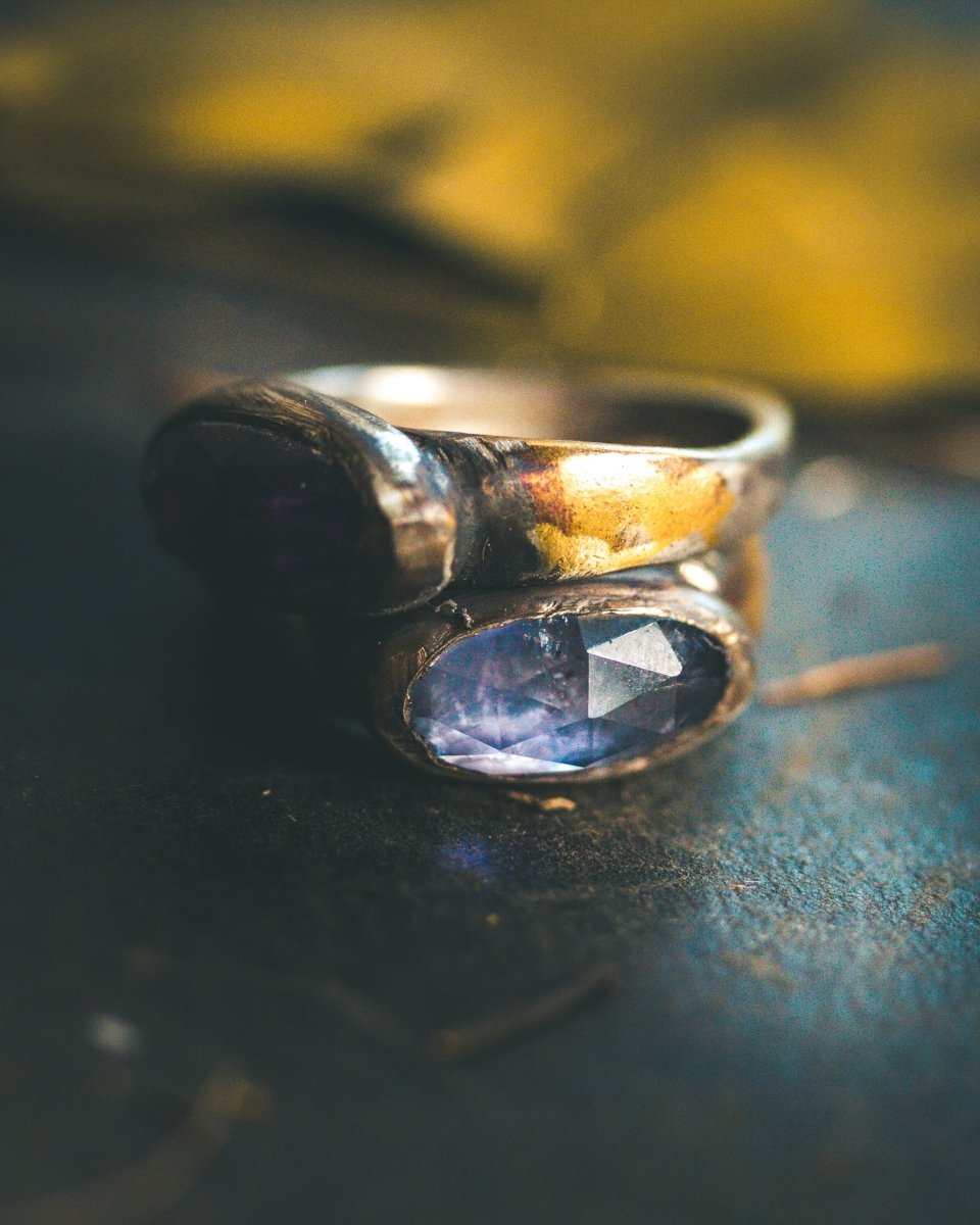 Mixed Metals Stirrup Ring with Rose-Cut Iolite Limited Edition Sterling Silver and 23.5K Gold Accent - Machinations