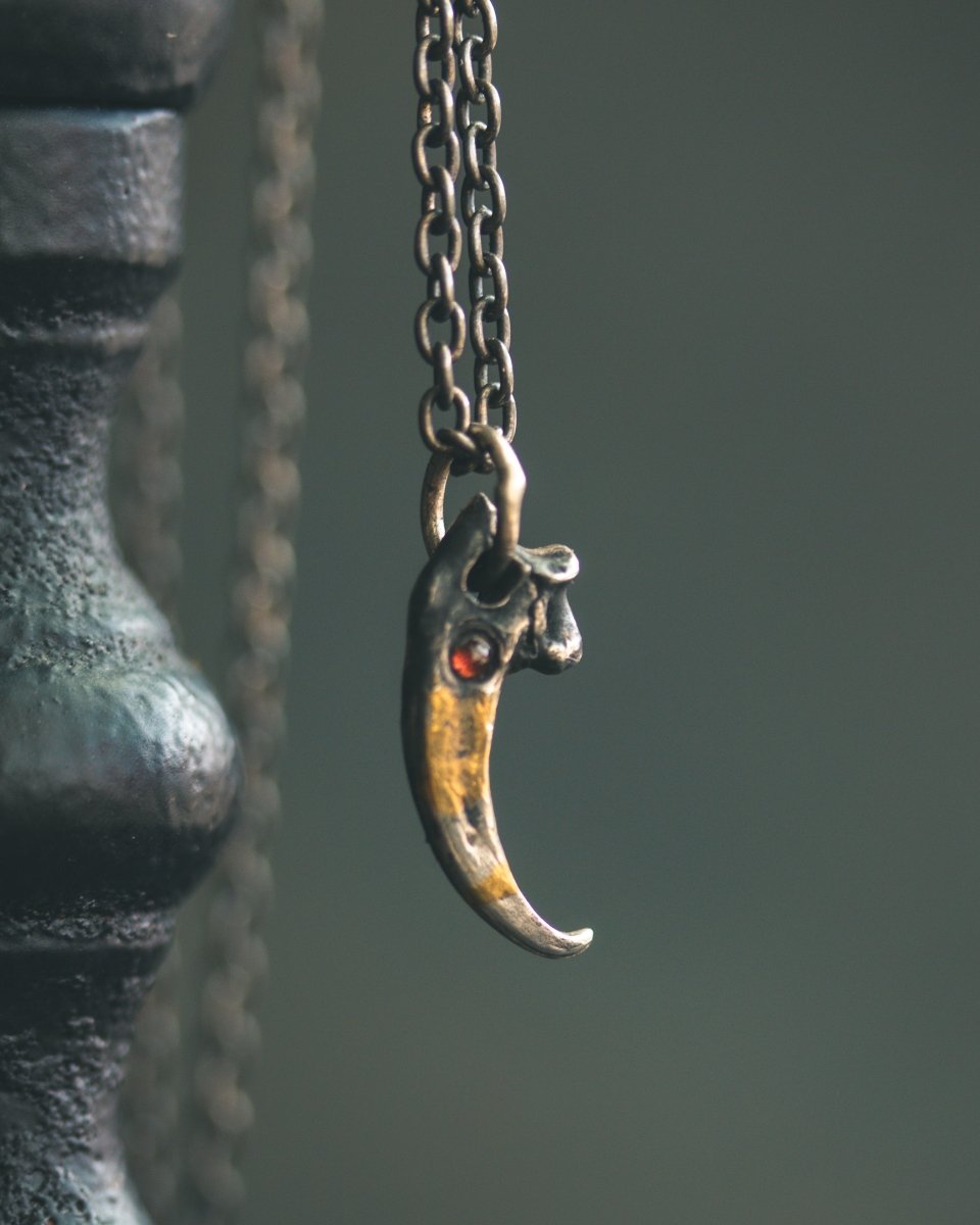 Peregrine Falcon Talon Pendant with Garnet Cabochon – Sterling Silver & 23.5K Gold Talisman of Freedom, Vision, and Transformation - Machinations