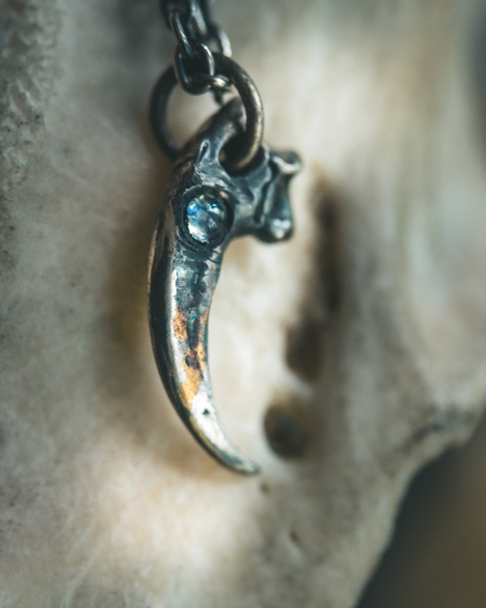 Peregrine Falcon Talon Pendant with Rainbow Moonstone Cabochon - Machinations
