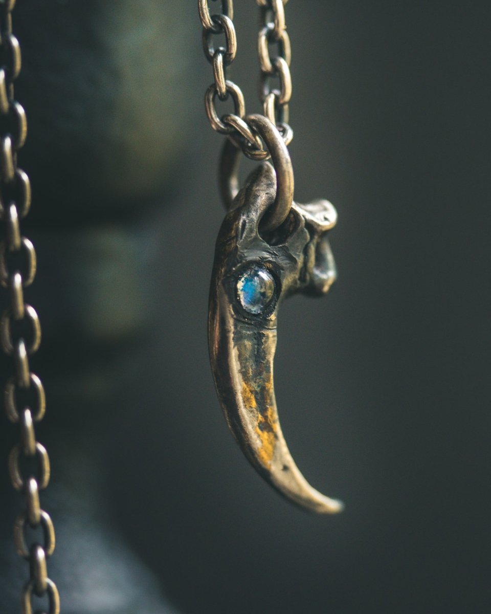 Peregrine Falcon Talon Pendant with Rainbow Moonstone Cabochon - Machinations