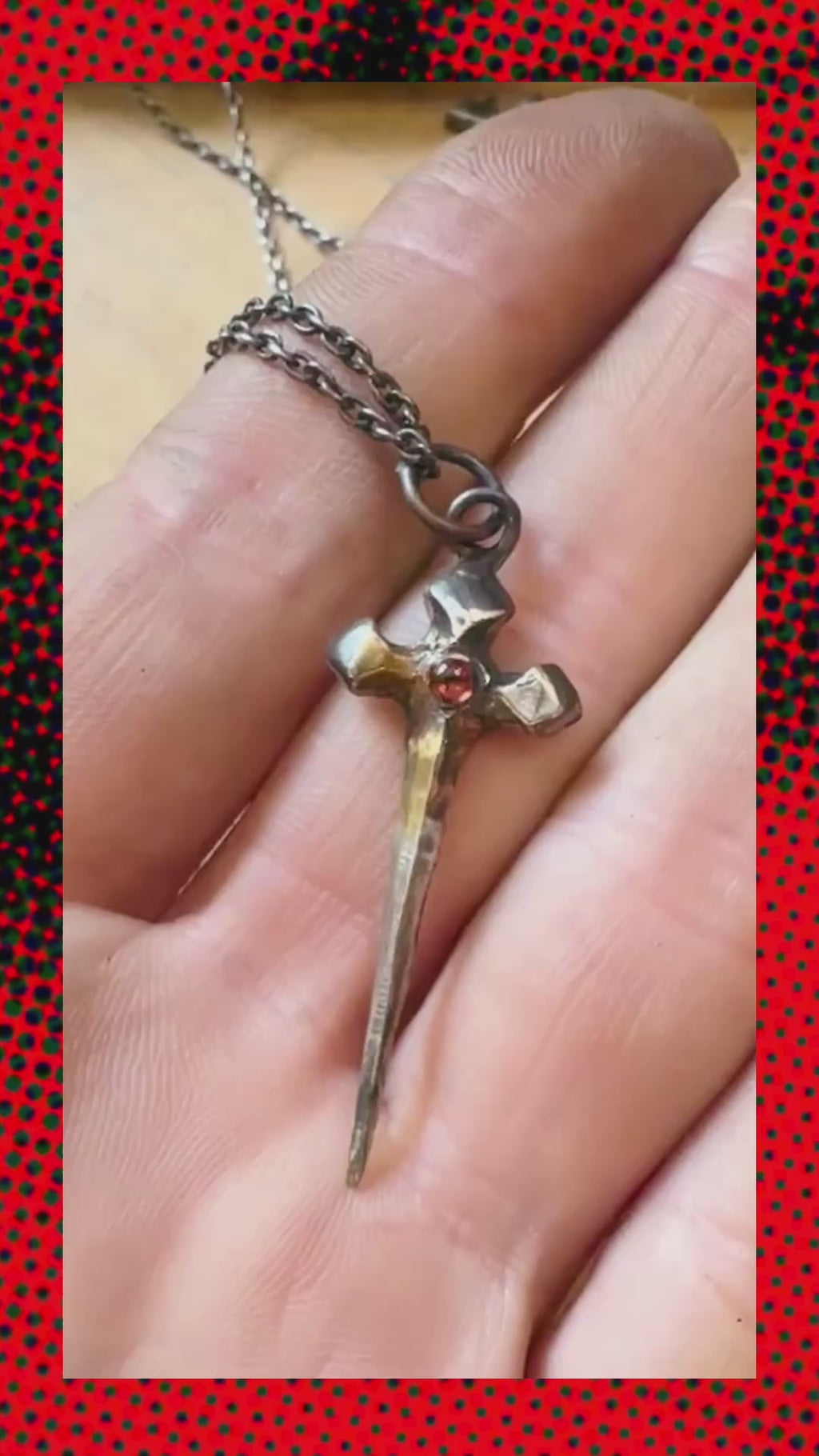 Sword Pendant with Almandine Garnet – Sterling Silver & 23.5K Gold Talisman of Fire, Strength, and Sacred Craft