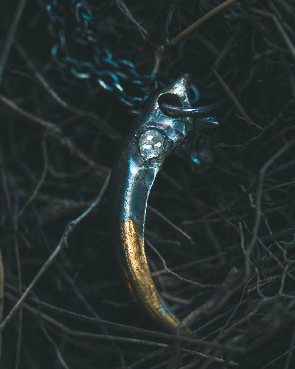 Raven Claw Pendant with 3mm White Ice Diamond Talisman of Vision, Protection, and Shadow Wisdom Sterling Silver | One of a Kind - Machinations