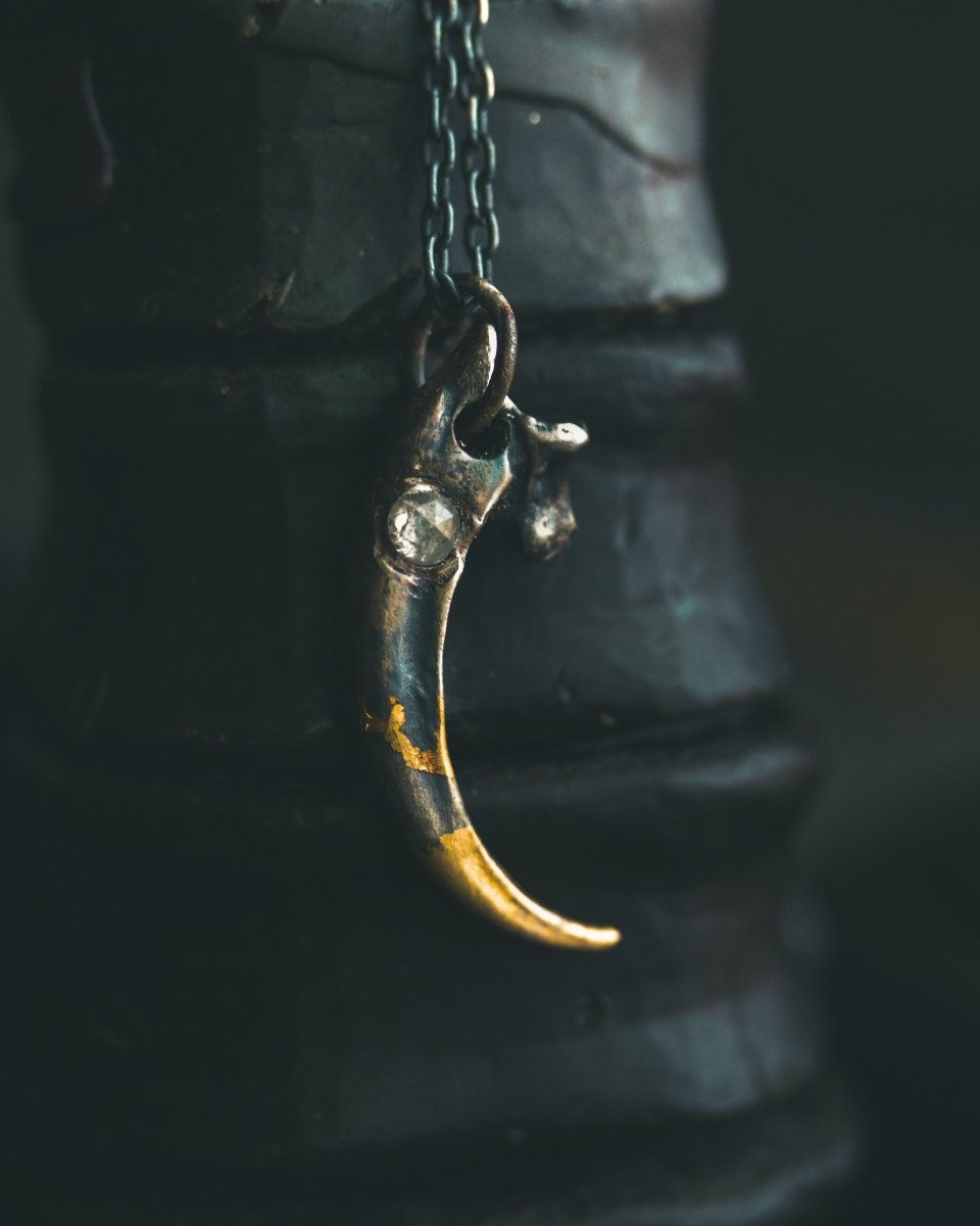 Raven Claw Pendant with 3mm White Ice Diamond Talisman of Vision, Protection, and Shadow Wisdom Sterling Silver | One of a Kind - Machinations