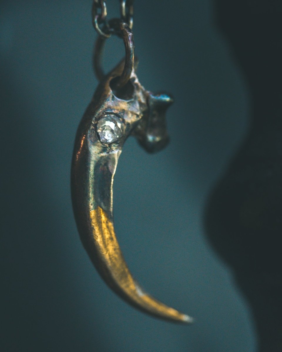 Raven Claw Pendant with 3mm White Ice Diamond Talisman of Vision, Protection, and Shadow Wisdom Sterling Silver | One of a Kind - Machinations