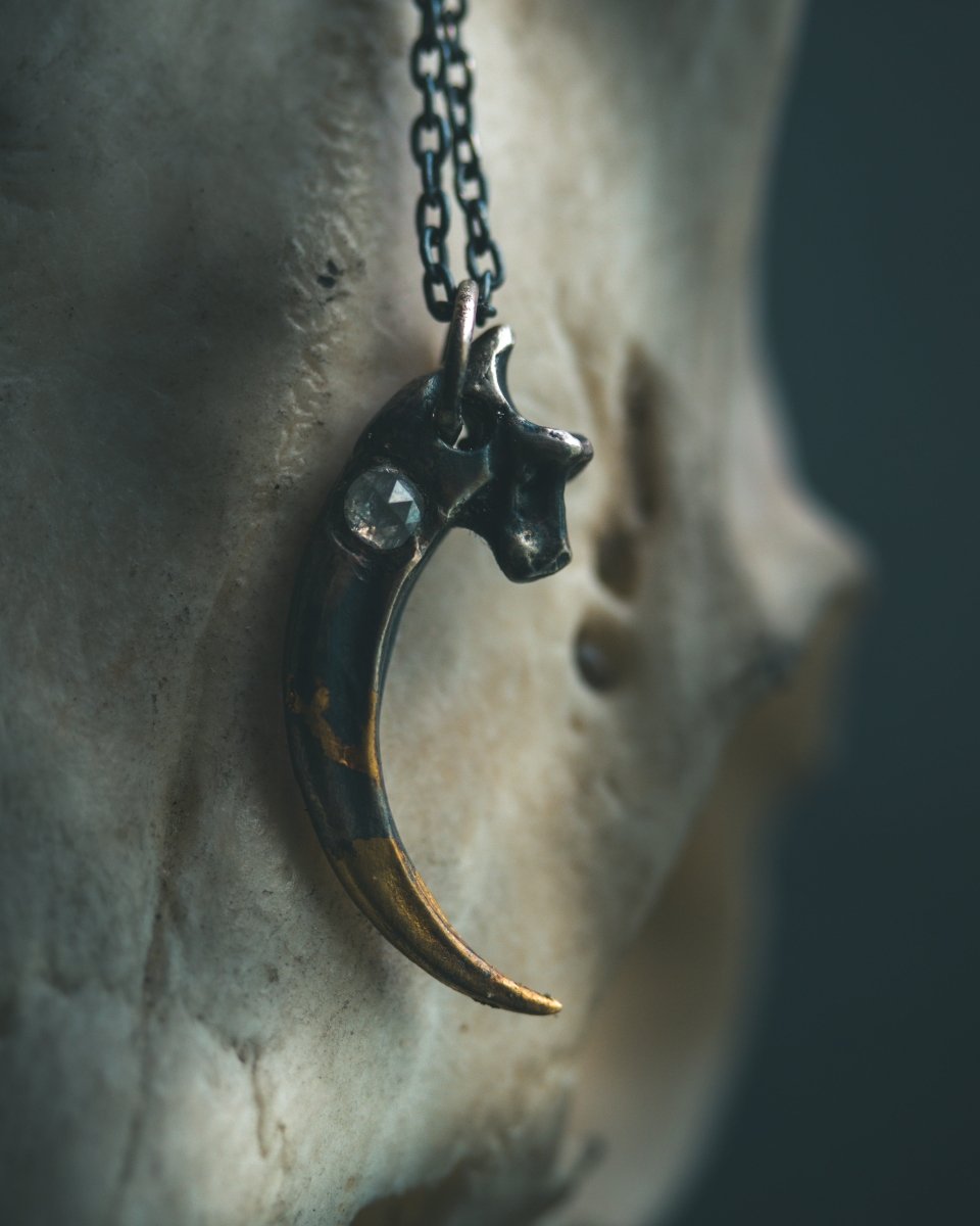 Raven Claw Pendant with 3mm White Ice Diamond Talisman of Vision, Protection, and Shadow Wisdom Sterling Silver | One of a Kind - Machinations