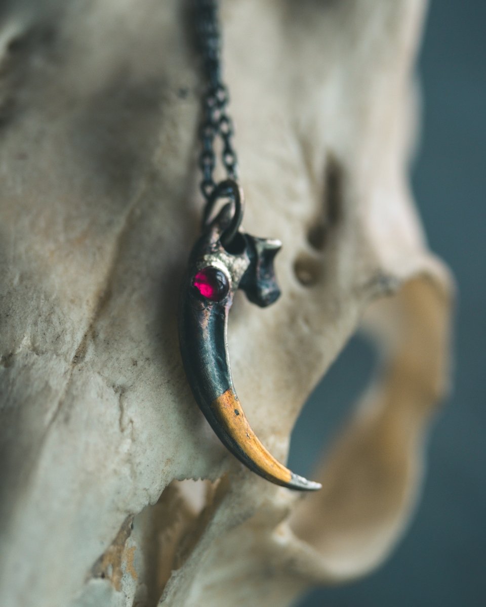 Raven Claw Pendant with Rare Neon Rhodolite Garnet: A Talisman of Shadow, Insight, and Fierce Protection - Machinations