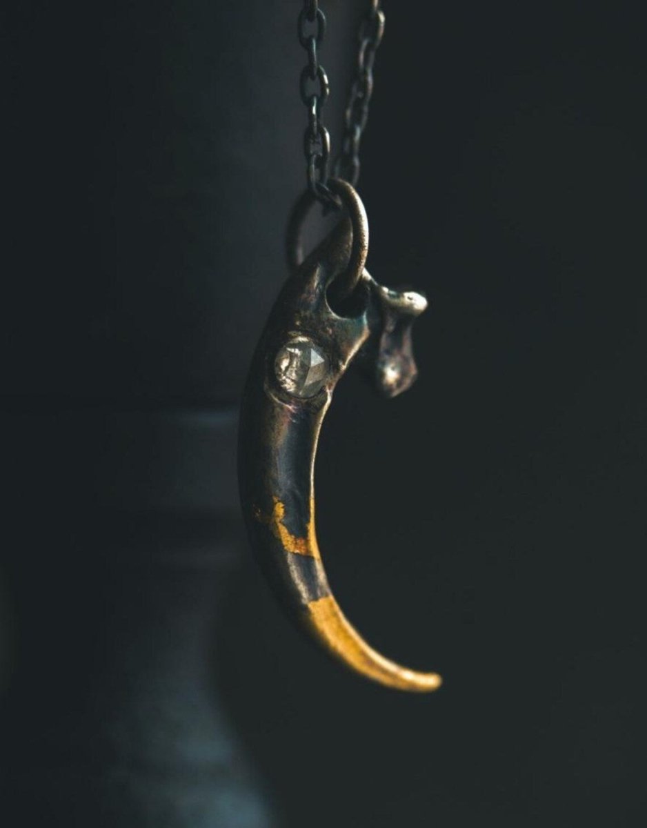 Raven Talon Pendant with Icy White Rose Cut Diamond in Sterling Silver and 23.5K Gold: A Talisman of Prophecy, Protection, and Primal Power - Machinations