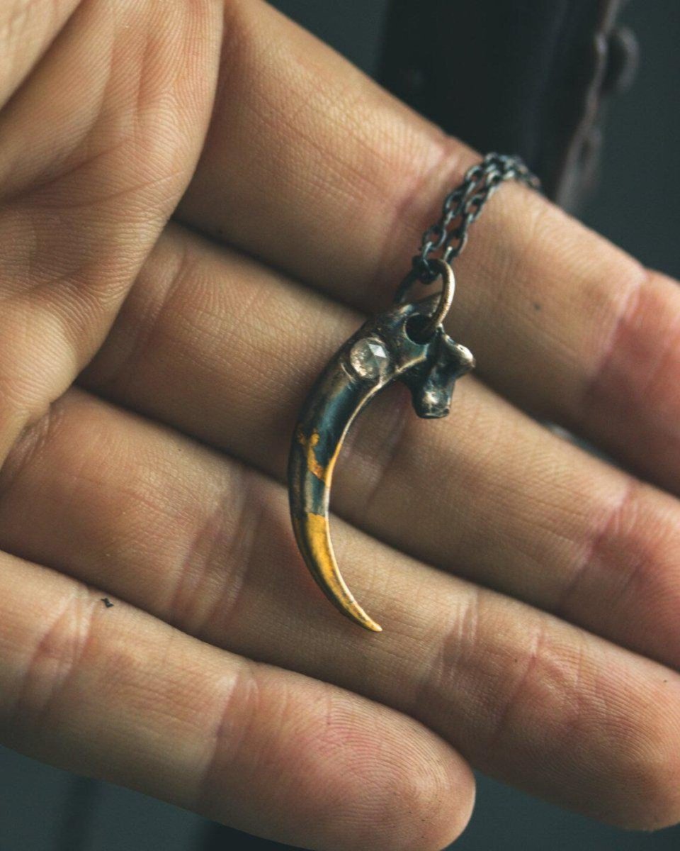 Raven Talon Pendant with Icy White Rose Cut Diamond in Sterling Silver and 23.5K Gold: A Talisman of Prophecy, Protection, and Primal Power - Machinations