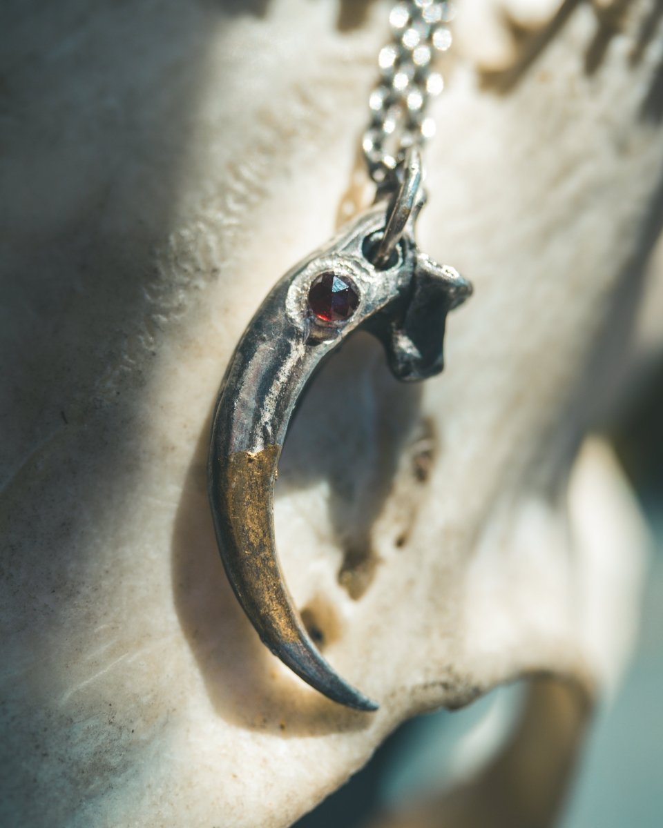 Raven Talon Pendant with Rose - Cut Almandine garnet in Sterling Silver and 23.5K Gold: A Talisman of Prophecy, Protection, and Transformation - Machinations