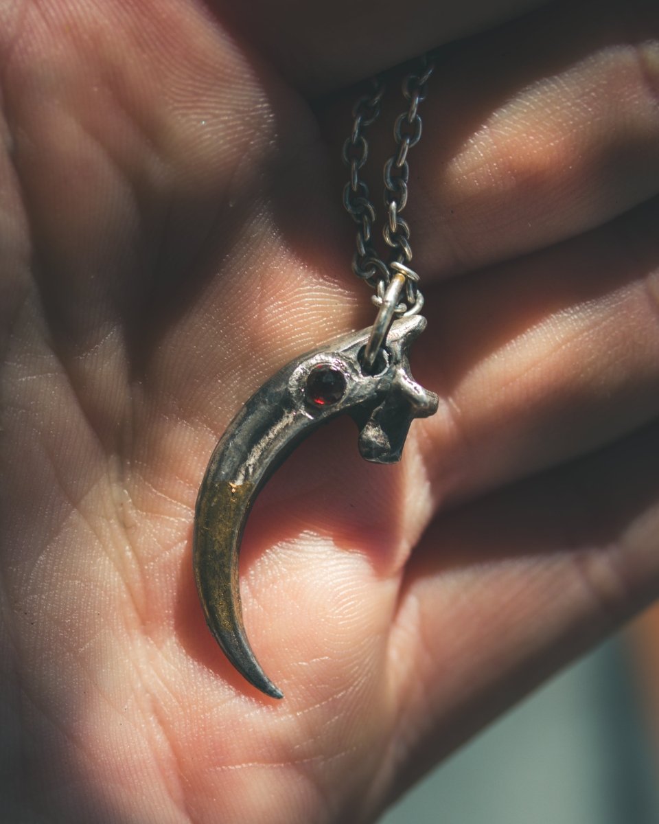 Raven Talon Pendant with Rose - Cut Almandine garnet in Sterling Silver and 23.5K Gold: A Talisman of Prophecy, Protection, and Transformation - Machinations