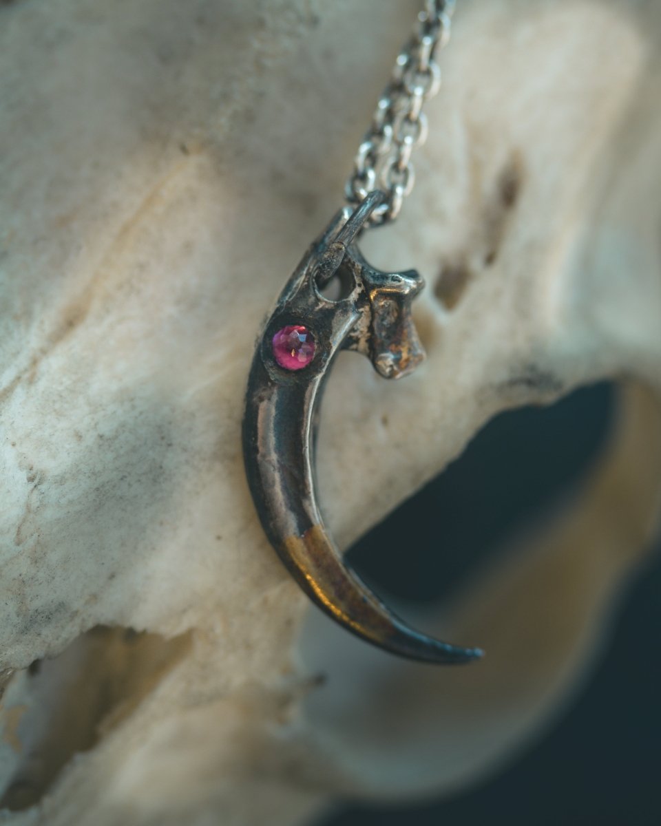 Raven Talon Pendant with Rose Cut Rare Neon Rhodolite Garnet: A Talisman of Shadow, Insight, and Fierce Protection - Machinations