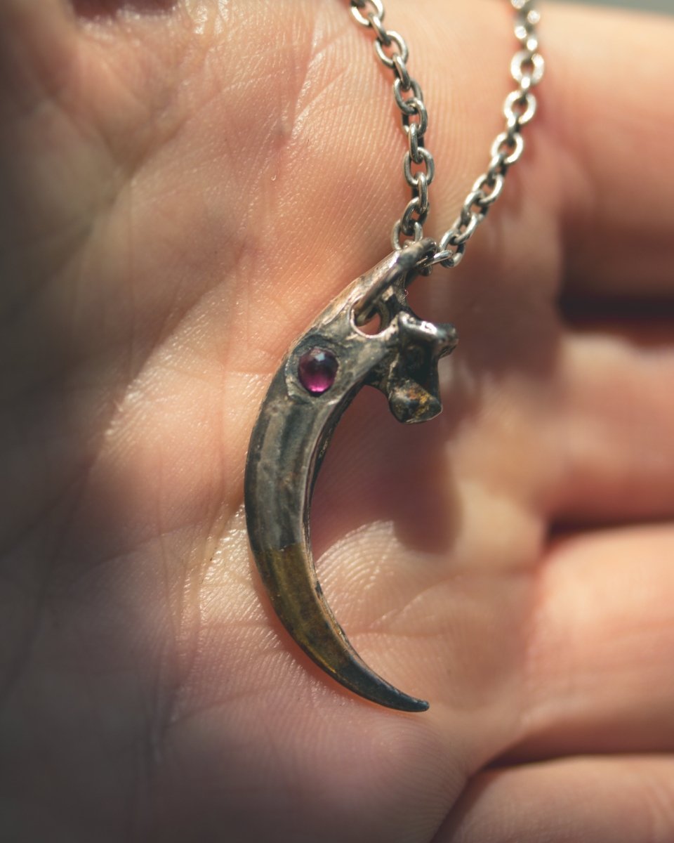 Raven Talon Pendant with Rose Cut Rare Neon Rhodolite Garnet: A Talisman of Shadow, Insight, and Fierce Protection - Machinations
