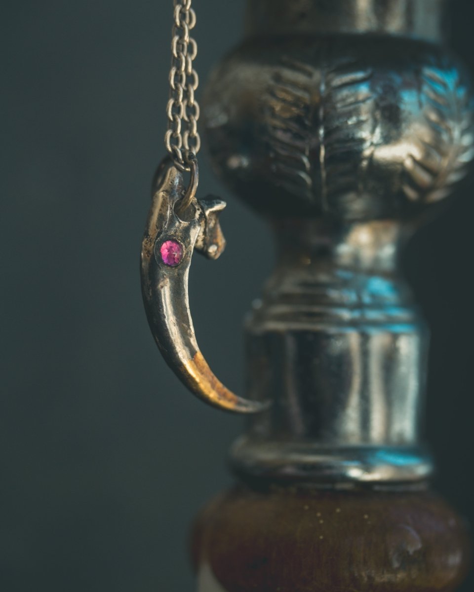 Raven Talon Pendant with Rose Cut Rare Neon Rhodolite Garnet: A Talisman of Shadow, Insight, and Fierce Protection - Machinations