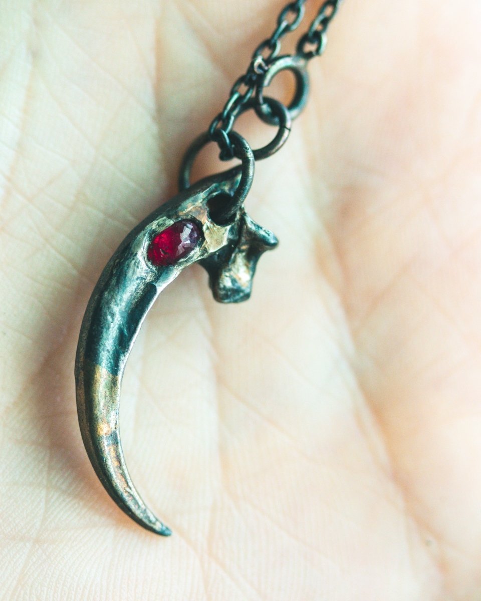 Raven Talon Pendant with Rose - Cut Ruby in Sterling Silver and 23.5K Gold: A Talisman of Passion, Courage, and Transformation - Machinations