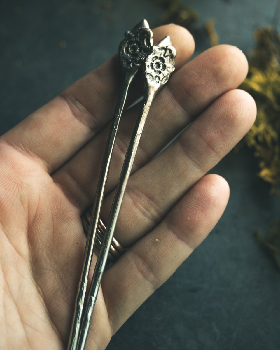 Rose of Death Hair Pins 6 Inch White Brass Hair Accessory, Handcrafted in Small Batches, Symbolizing Transformation and Renewal - Machinations
