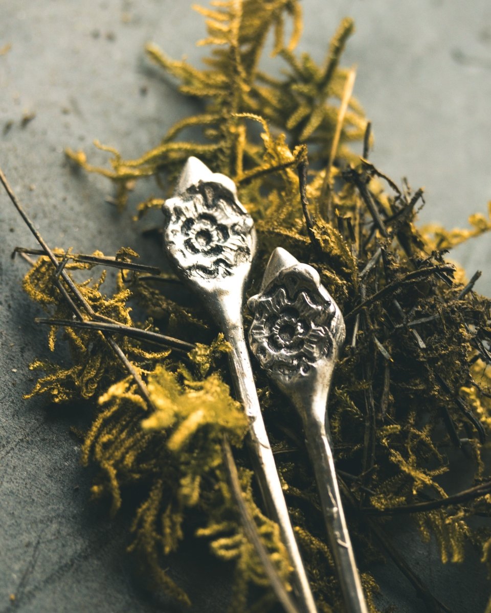 Rose of Death Hair Pins 6 Inch White Brass Hair Accessory, Handcrafted in Small Batches, Symbolizing Transformation and Renewal - Machinations