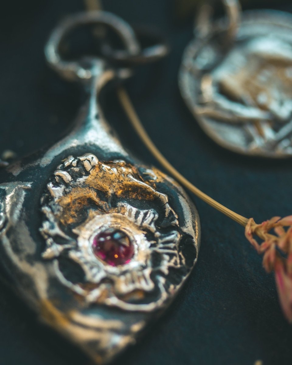 Rose of Death Tarot Amulet with Cabochon Rhodolite Garnet | Strength & Transformation - Machinations